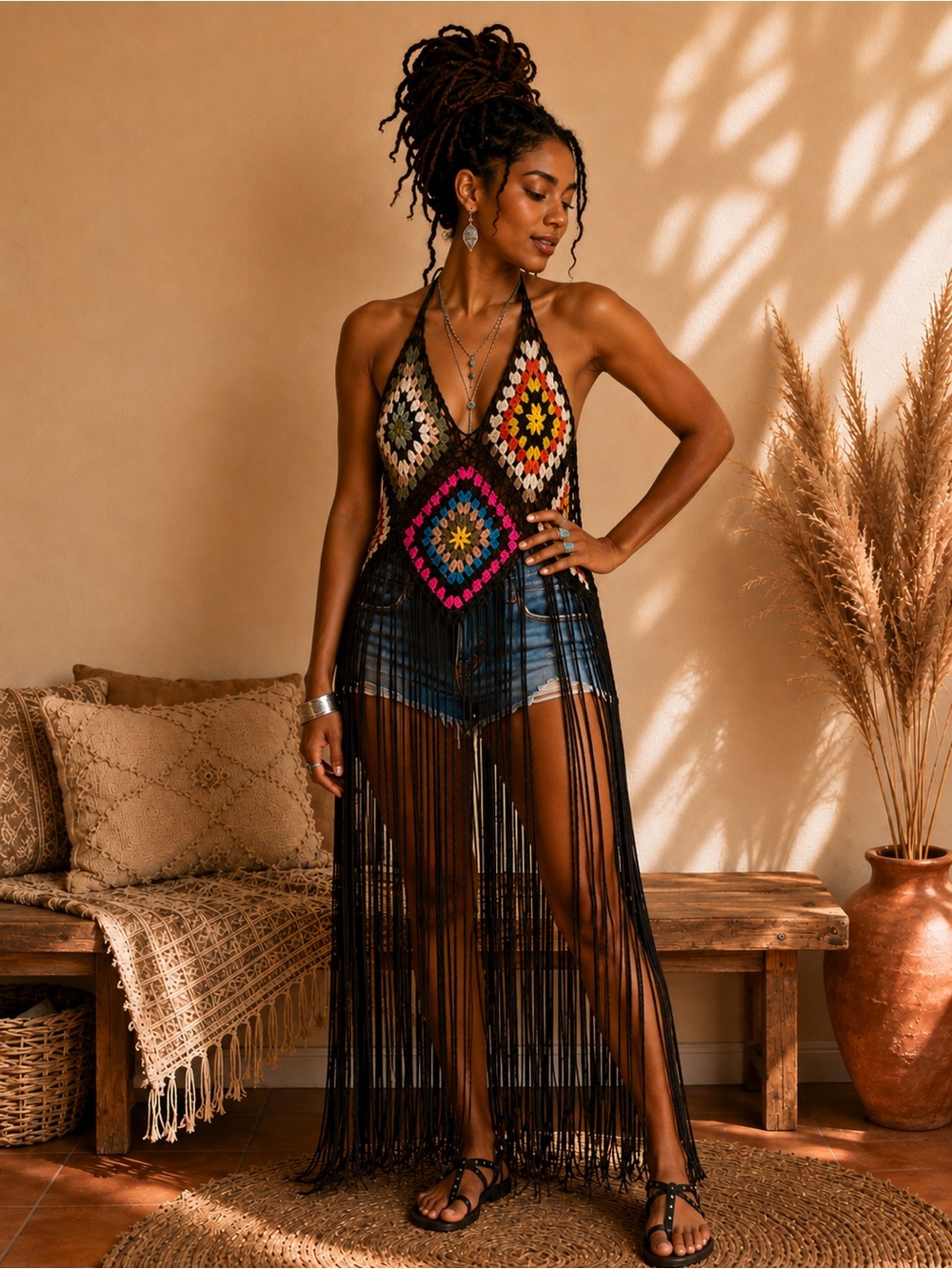 Granny Square Crochet Fringe Maxi Dress Cover Up Boho Hippie Festival One Size